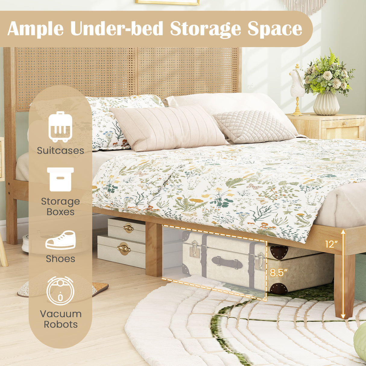 Twin/Full/Queen Size Bed Frame with Rattan Headboard