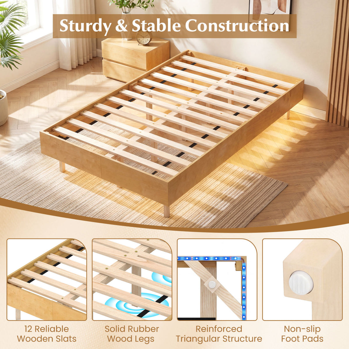 Twin/Full/Queen Size Floating Bed Frame with LED Lights for Bedroom