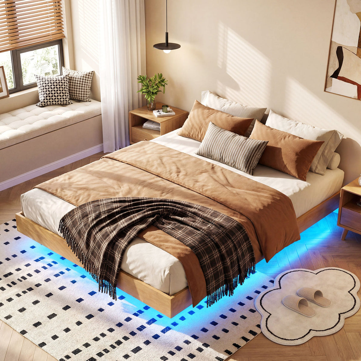 Twin/Full/Queen Size Floating Bed Frame with LED Lights for Bedroom