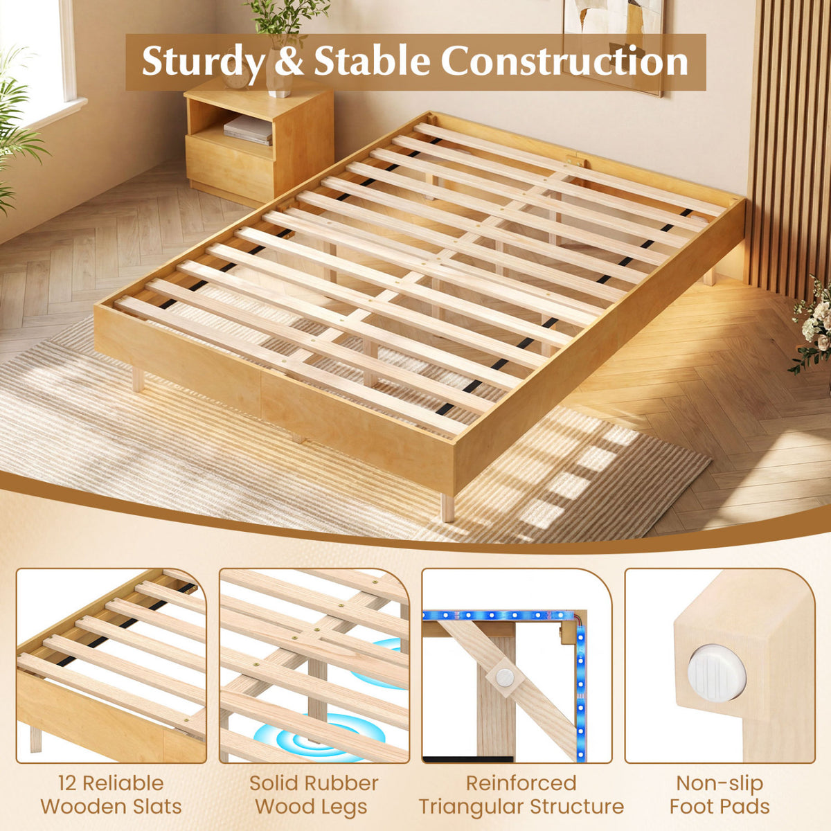 Twin/Full/Queen Size Floating Bed Frame with LED Lights for Bedroom