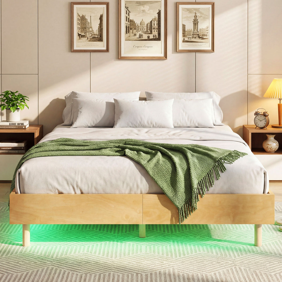 Twin/Full/Queen Size Floating Bed Frame with LED Lights for Bedroom