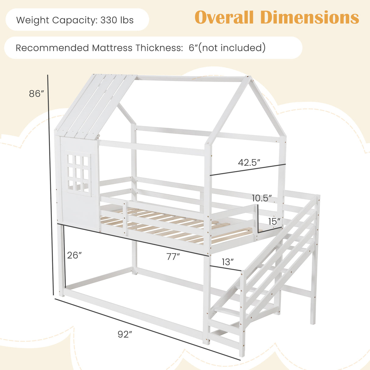 Twin House Bed with Stairs and Roof for Kids-White
