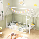 Twin House Floor Bed Montessori Bed Frame with Storage Shelf-White