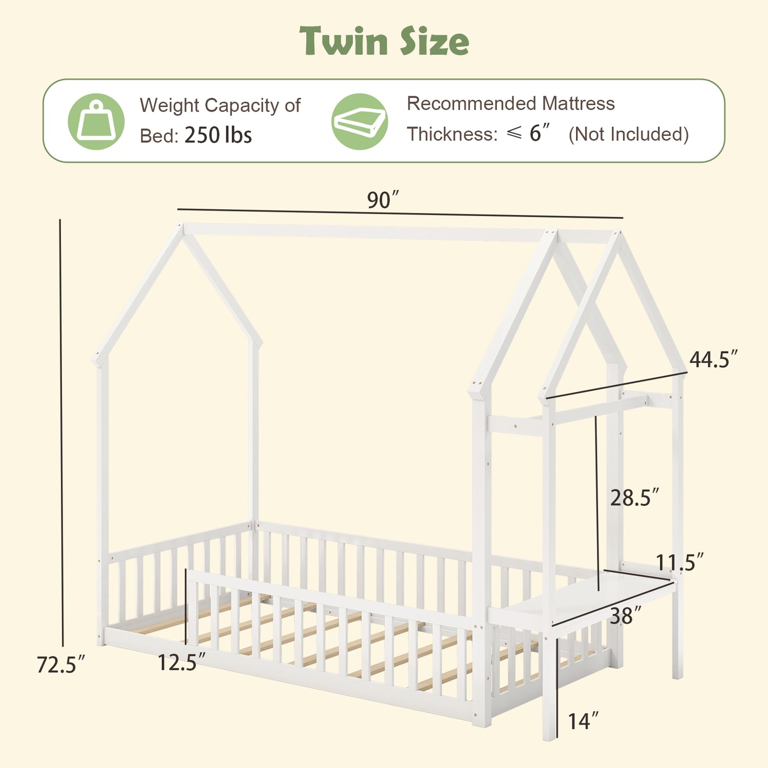 Twin House Floor Bed Montessori Bed Frame with Storage Shelf-White