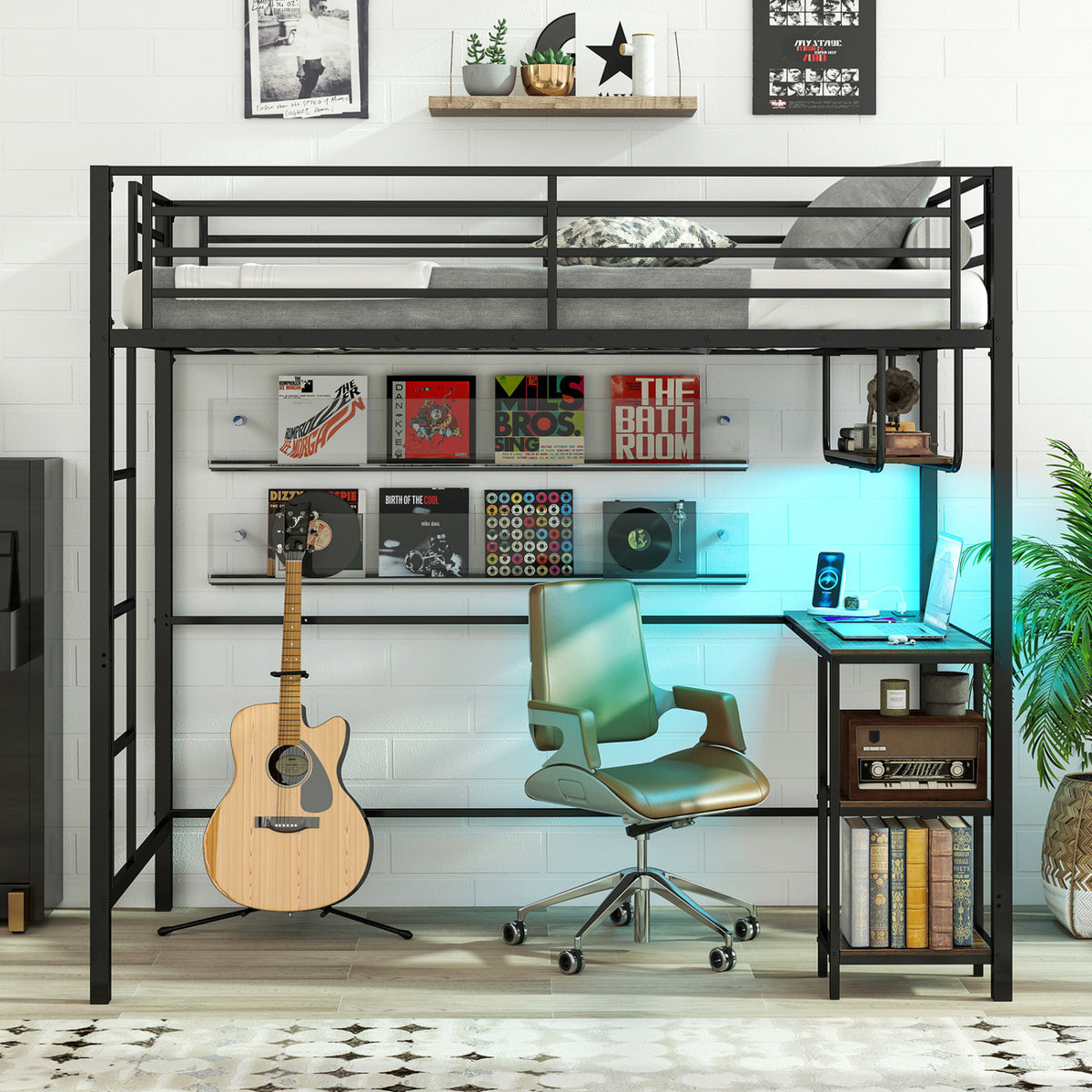 Twin Loft Bed with Desk LED Lights Charging Station Heavy-duty Metal Bed Frame with Guardrail