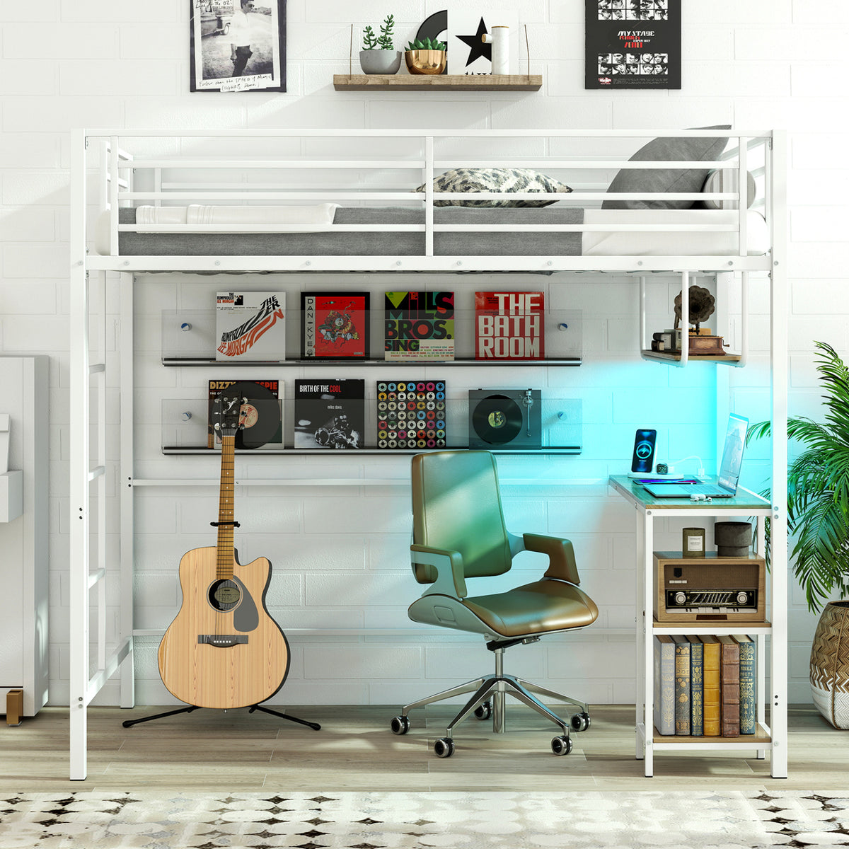 Twin Loft Bed with Desk LED Lights Charging Station Heavy-duty Metal Bed Frame with Guardrail
