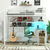 Twin Loft Bed with Desk LED Lights Charging Station Heavy-duty Metal Bed Frame with Guardrail