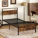 Twin Metal Bed Frame Industrial Platform Bed with Wooden Headboard