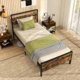 Twin Metal Bed Frame Industrial Platform Bed with Wooden Headboard