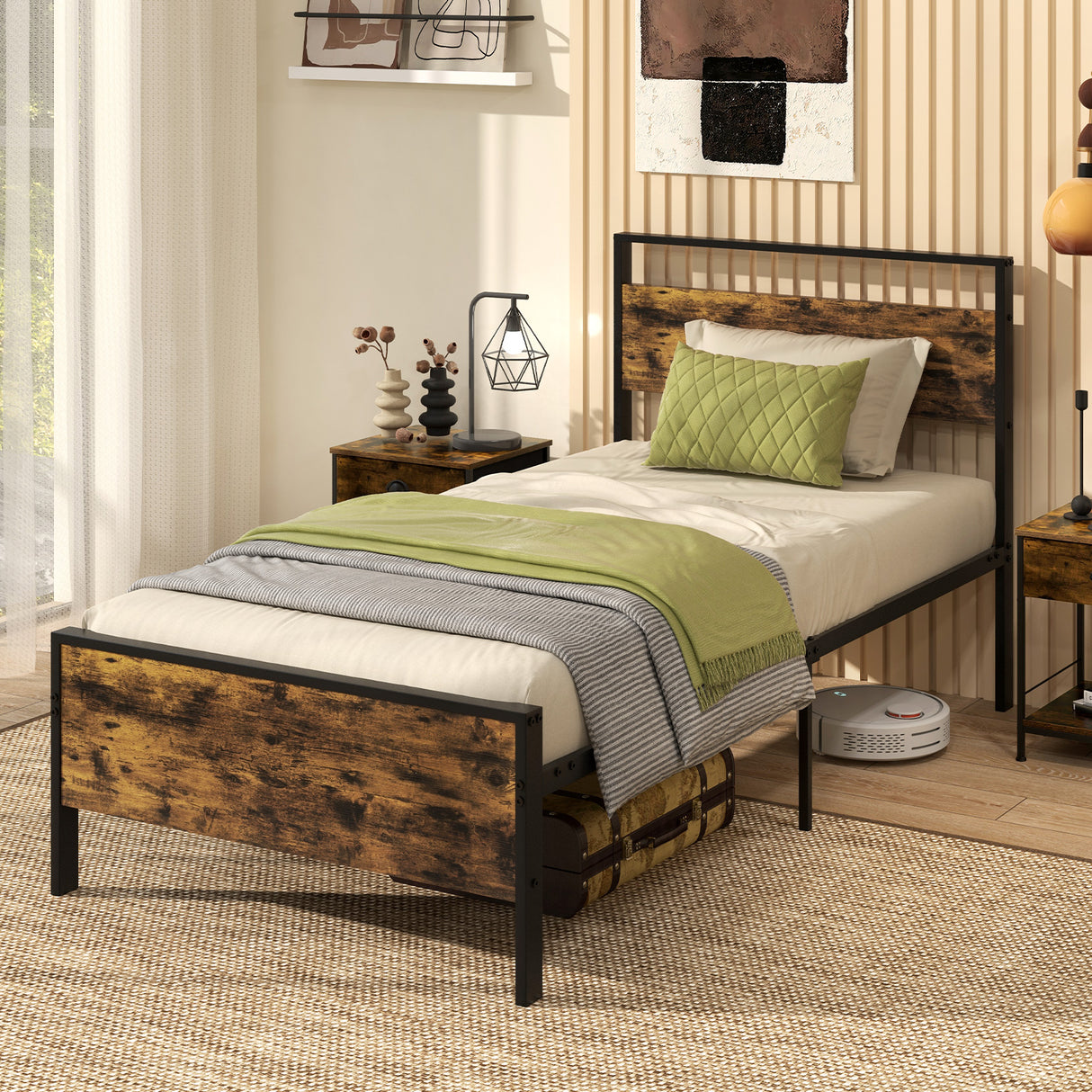 Twin Metal Bed Frame Industrial Platform Bed with Wooden Headboard