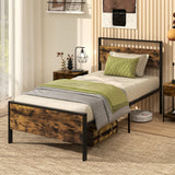 Twin Metal Bed Frame Industrial Platform Bed with Wooden Headboard