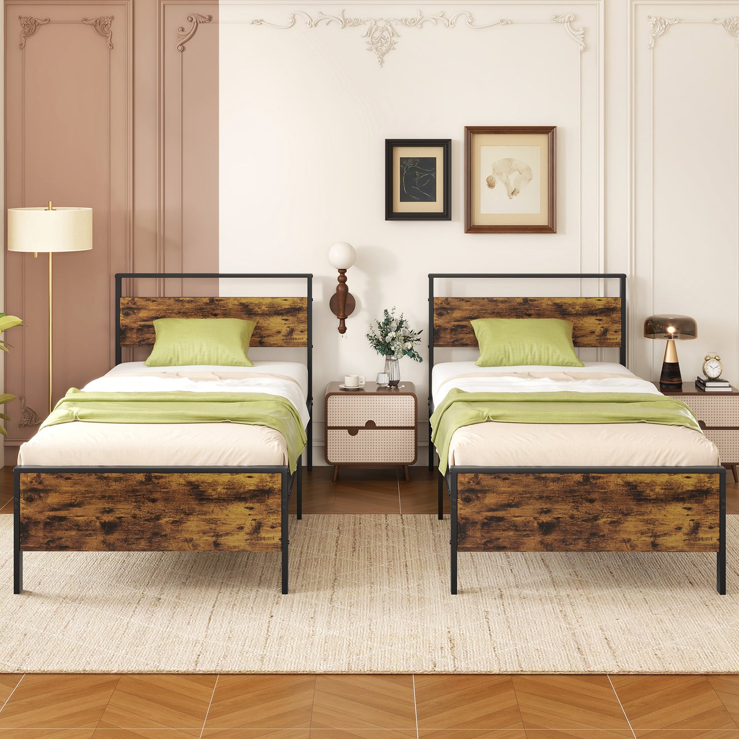 Twin Metal Bed Frame Industrial Platform Bed with Wooden Headboard