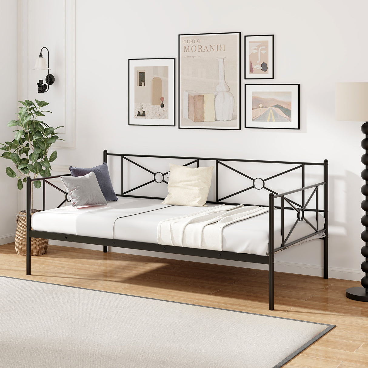 Twin Metal Daybed Frame with Heavy-Duty Metal Slats Support and Guardrails-Black