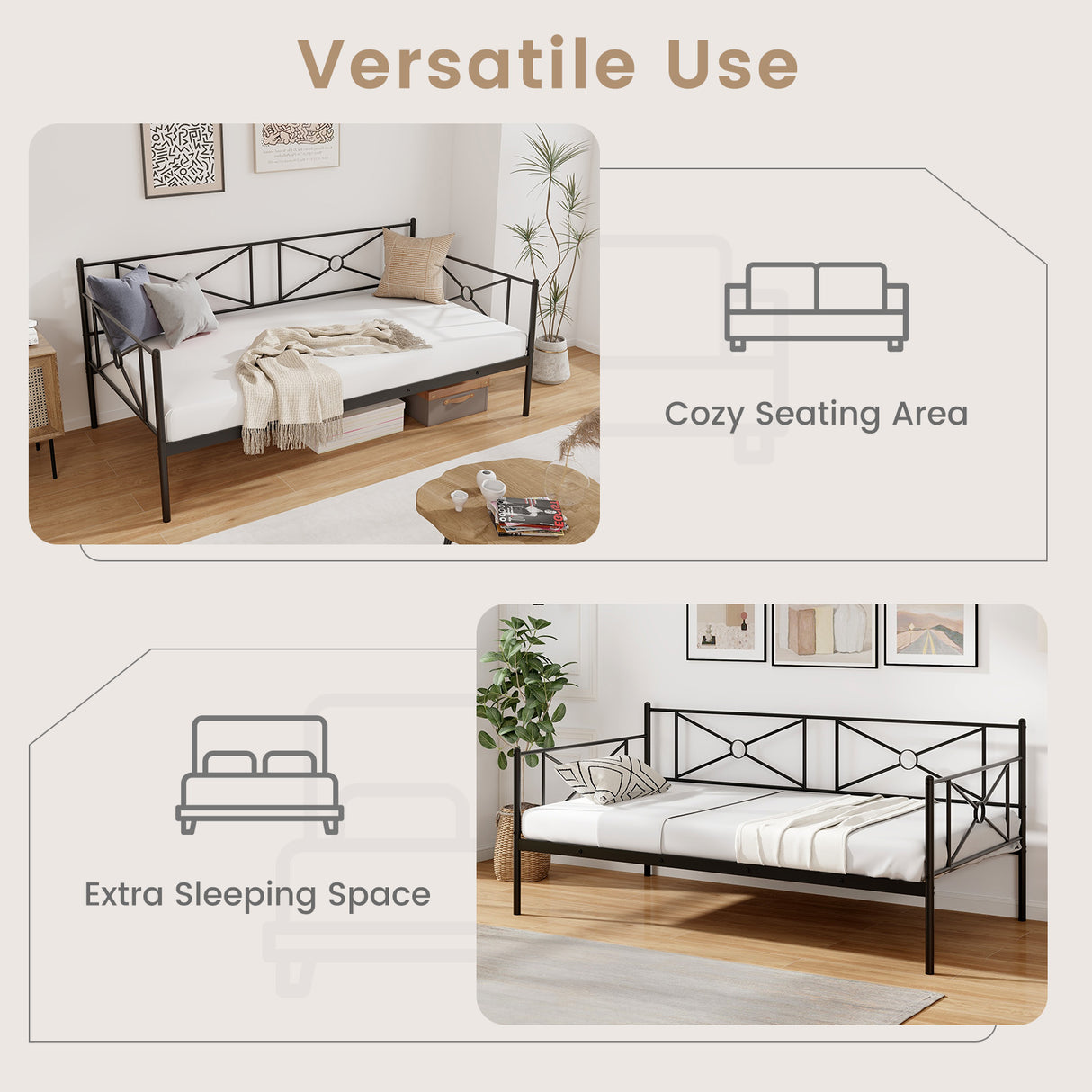 Twin Metal Daybed Frame with Heavy-Duty Metal Slats Support and Guardrails-Black