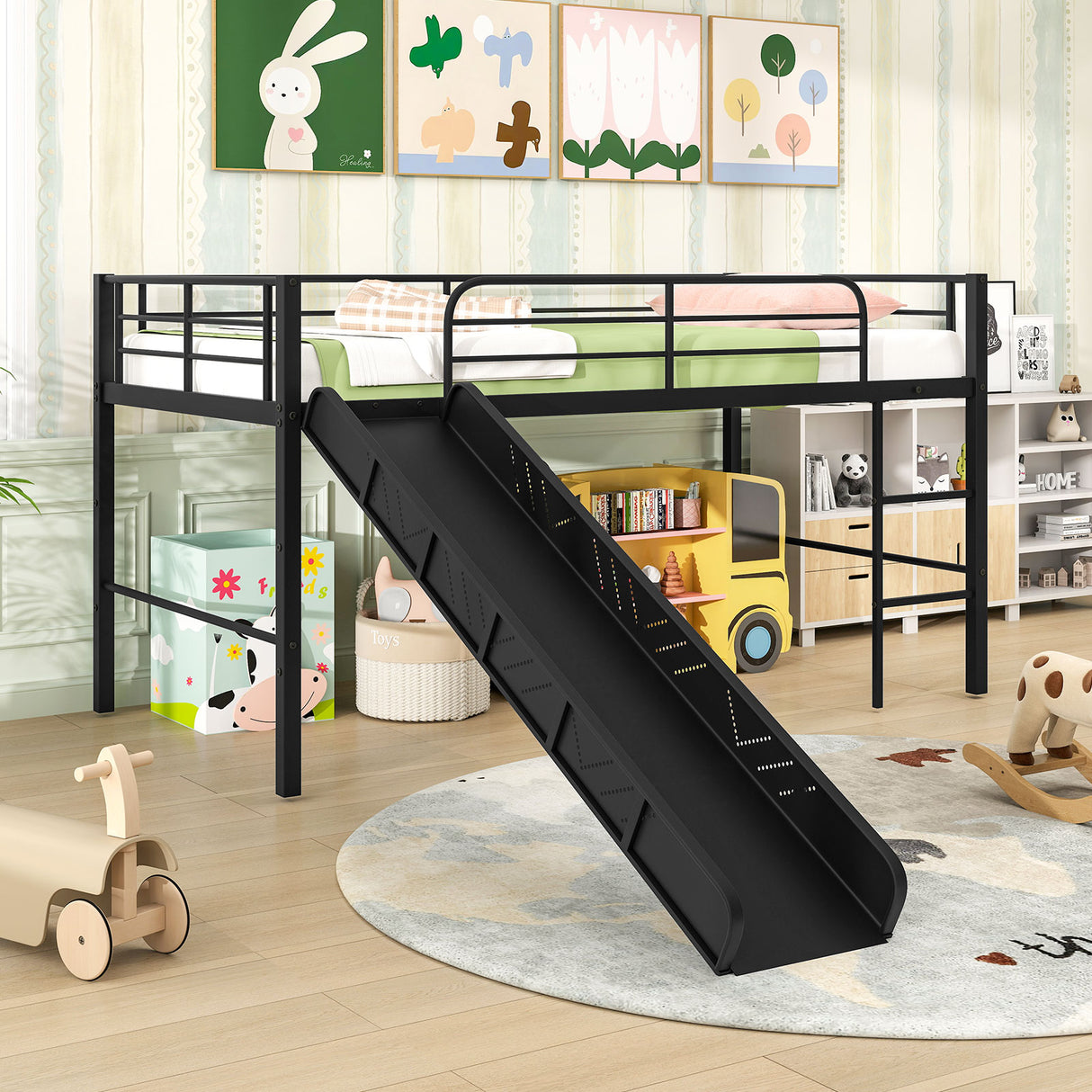 Twin Metal Loft Bed with Slide Safety Guardrails and Built-in Ladder