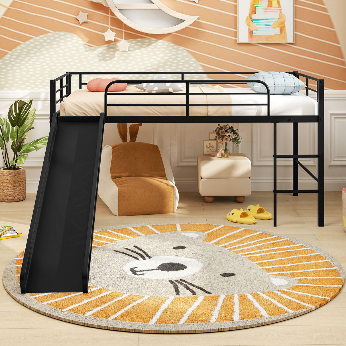 Twin Metal Loft Bed with Slide Safety Guardrails and Built-in Ladder