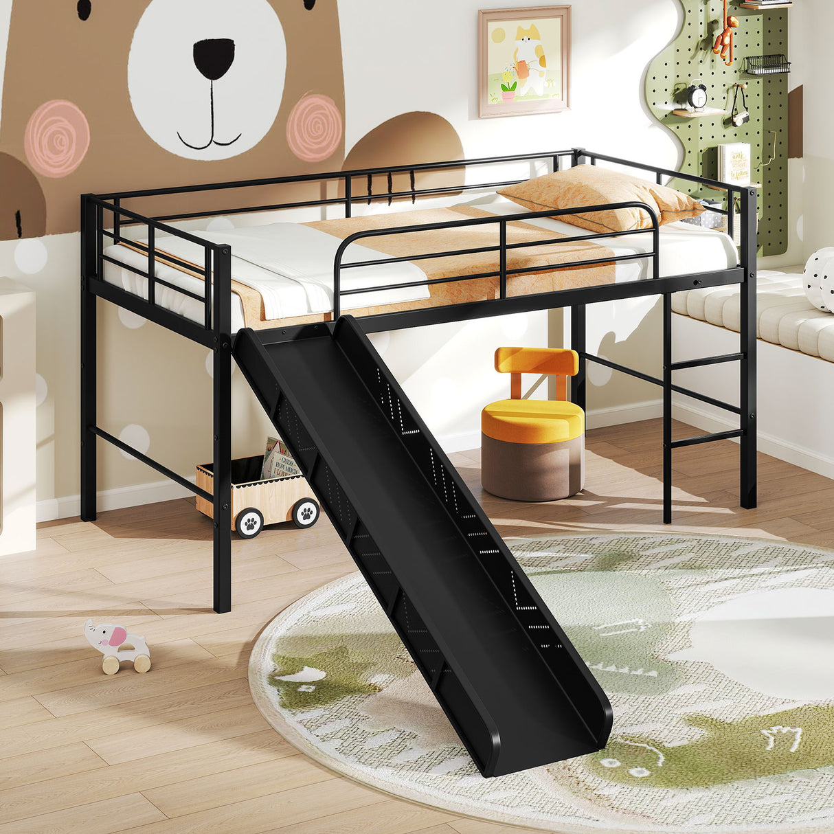 Twin Metal Loft Bed with Slide Safety Guardrails and Built-in Ladder