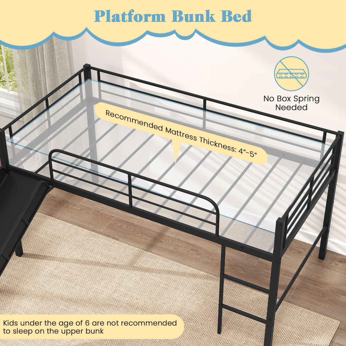 Twin Metal Loft Bed with Slide Safety Guardrails and Built-in Ladder