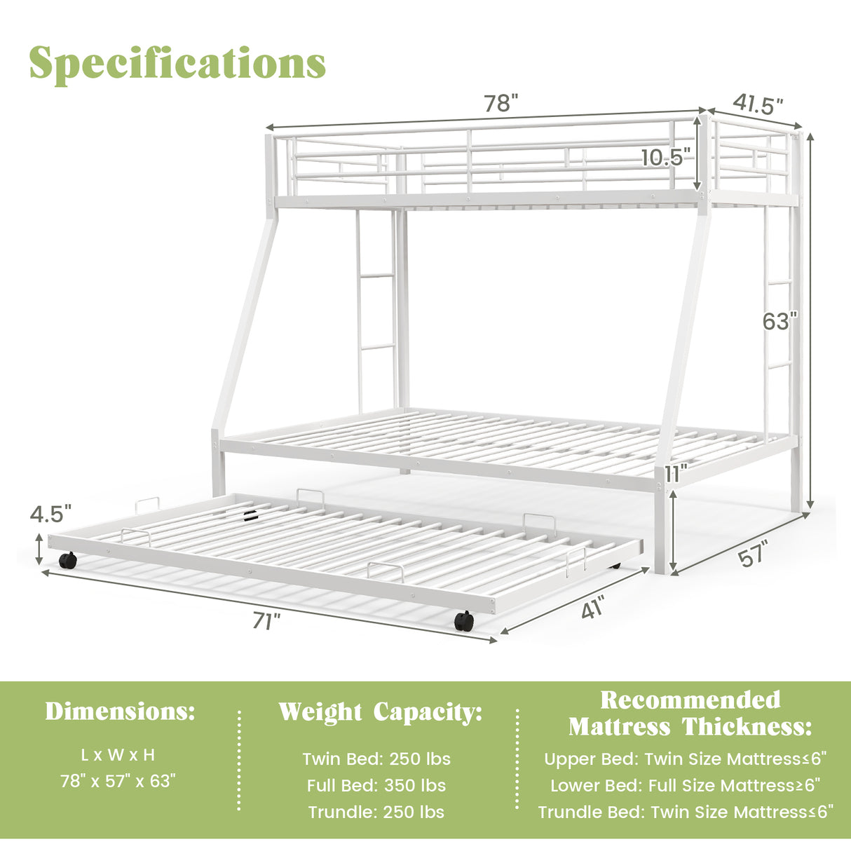Twin Over Full Bunk Bed Frame with Trundle for Guest Room