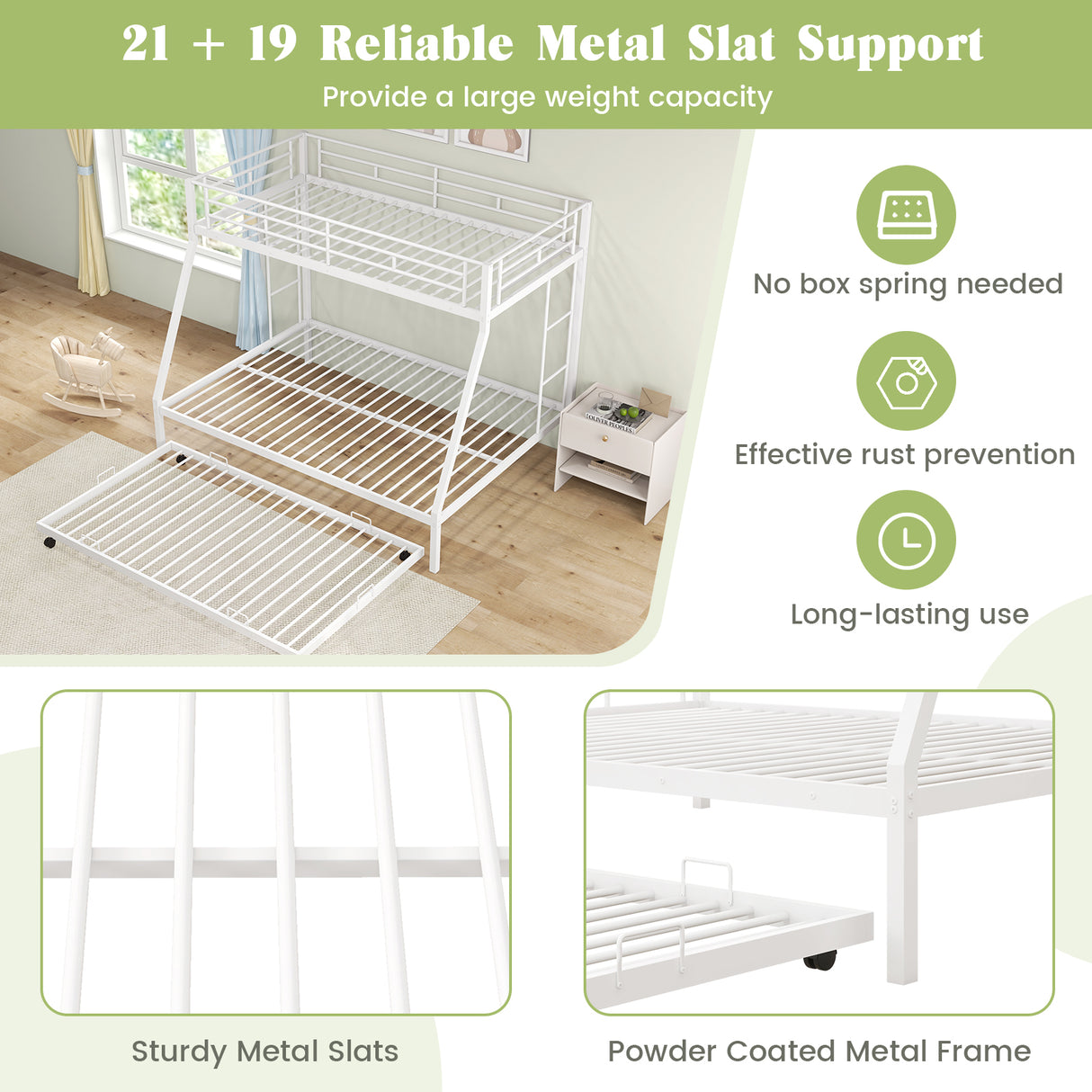 Twin Over Full Bunk Bed Frame with Trundle for Guest Room