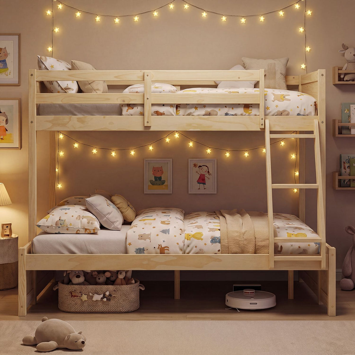 Twin Over Full Bunk Bed with 3-Step Ladder and Full-Length Guardrails