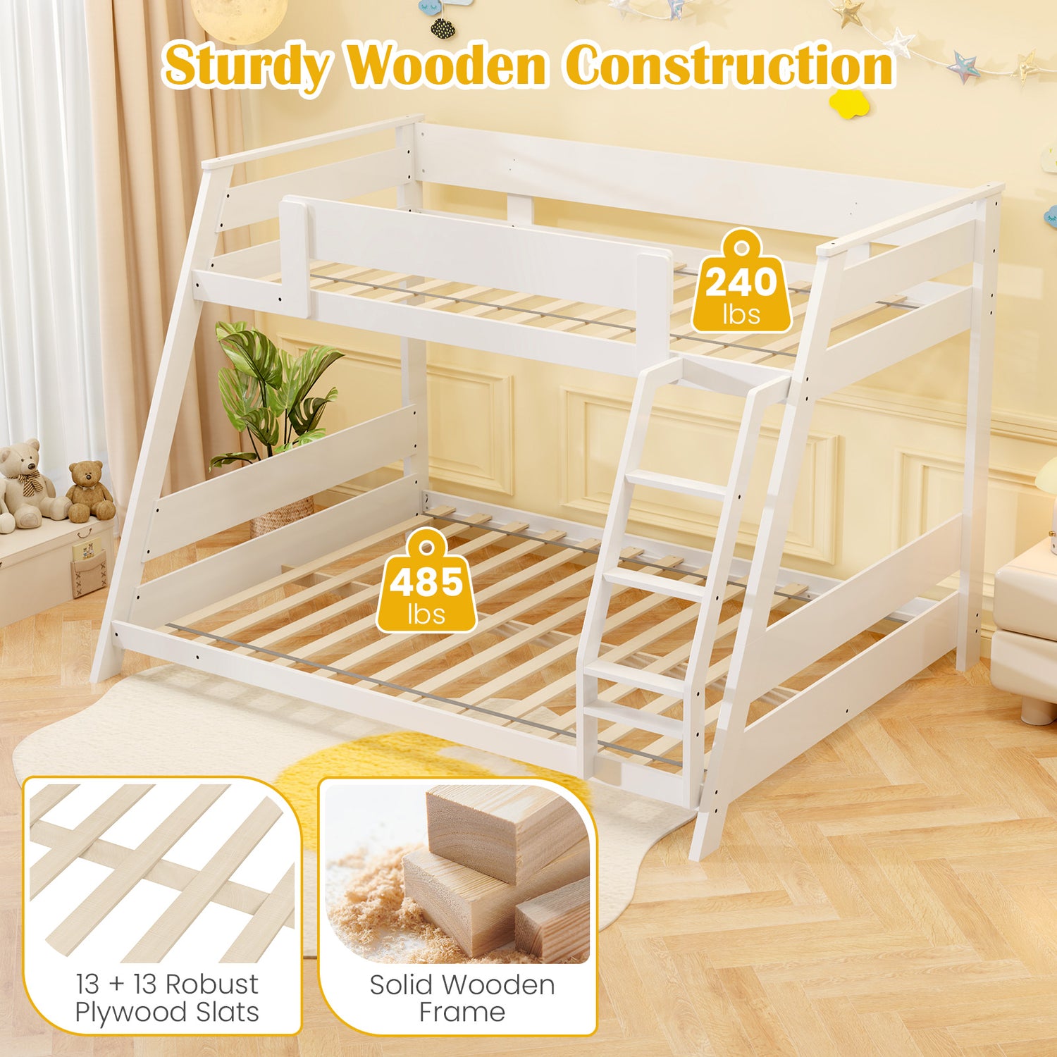 Twin Over Full Low Bunk Bed with Reversible Ladder