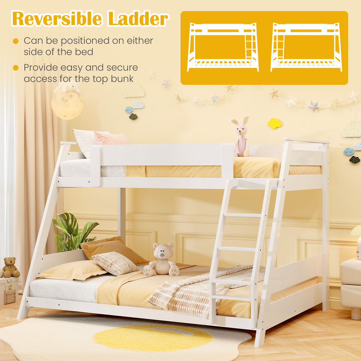 Twin Over Full Low Bunk Bed with Reversible Ladder