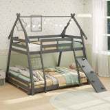 Twin Over Queen Bunk Bed Wooden Kids Bed with Climbing Nets and Ramp