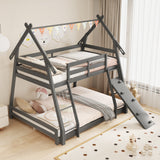 Twin Over Queen Bunk Bed Wooden Kids Bed with Climbing Nets and Ramp
