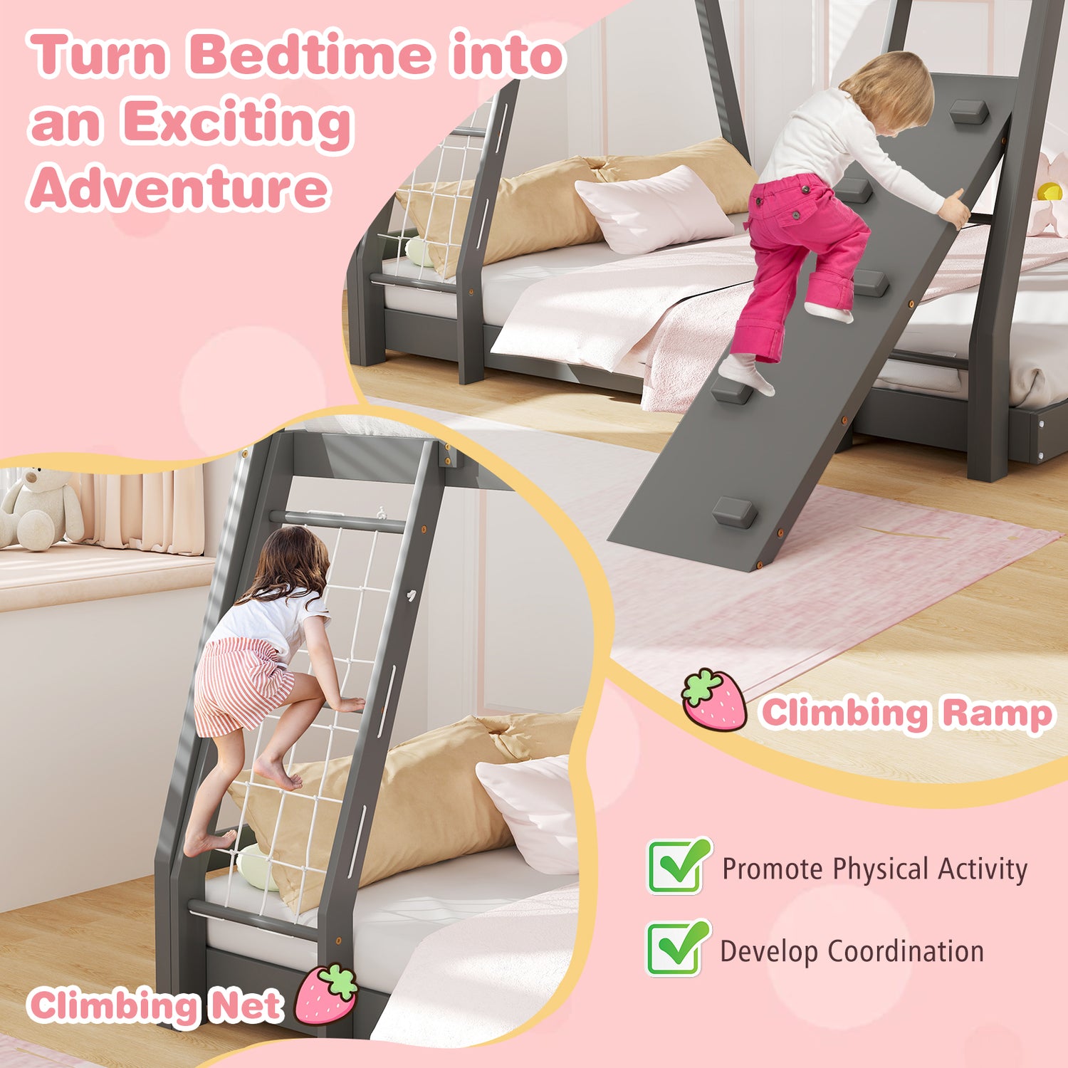 Twin Over Queen Bunk Bed Wooden Kids Bed with Climbing Nets and Ramp