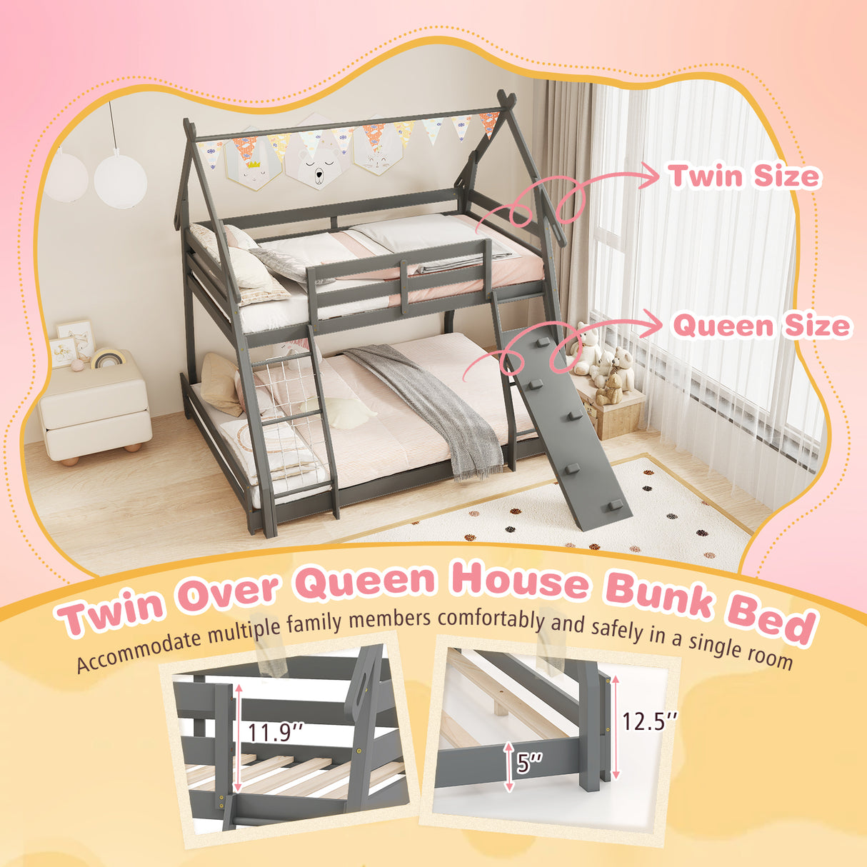 Twin Over Queen Bunk Bed Wooden Kids Bed with Climbing Nets and Ramp