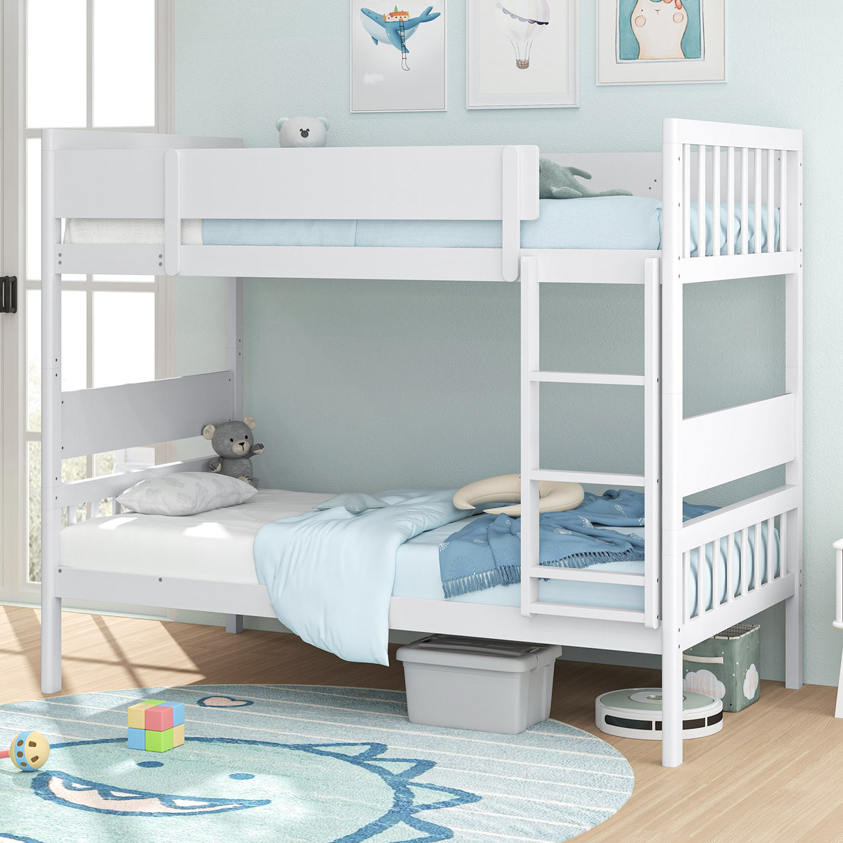 Twin Over Twin Bunk Bed with Ladder and Full-length Guardrails