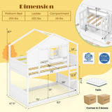 Twin Over Twin Bunk Bed for Kids with Roof and Lockable Window-White