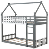 Twin Over Twin Bunk Bed with Fence and Ladder for Kids