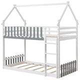 Twin Over Twin Bunk Bed with Fence and Ladder for Kids