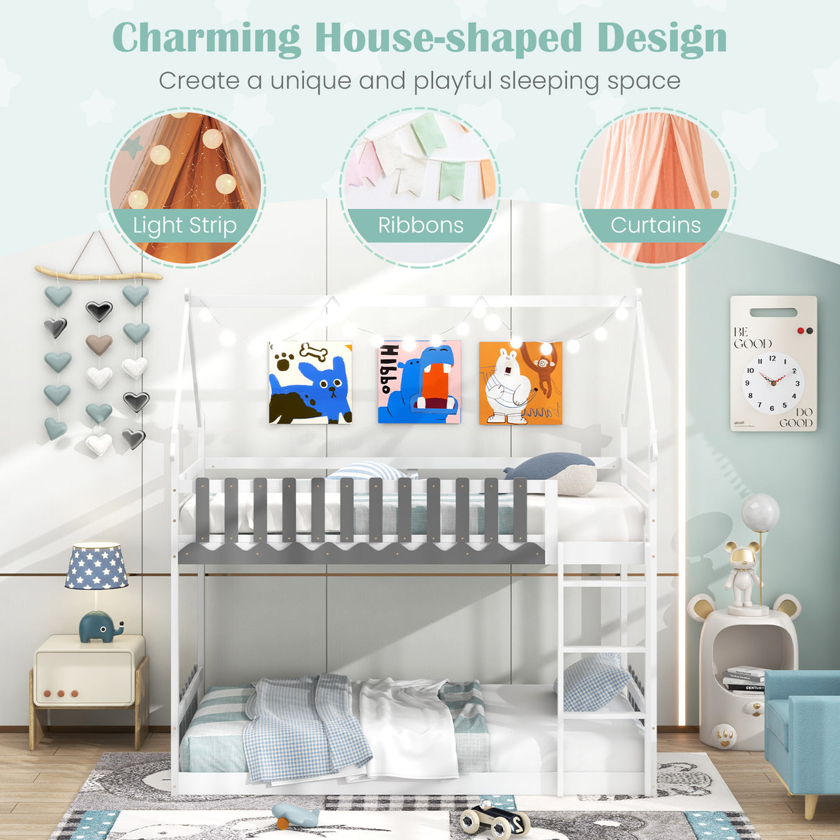 Twin Over Twin Bunk Bed with Fence and Ladder for Kids