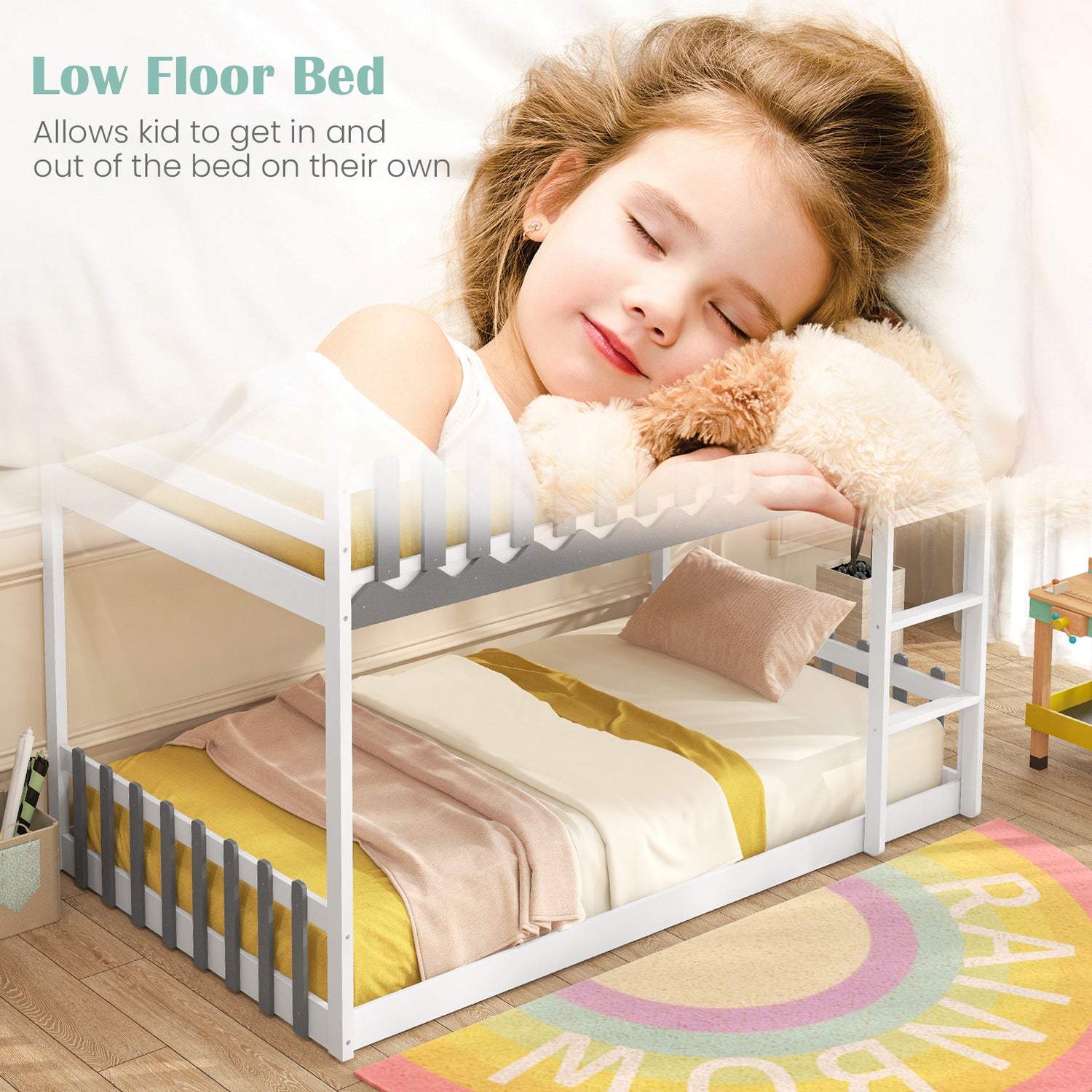 Twin Over Twin Bunk Bed with Fence and Ladder for Kids