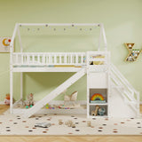 Twin Over Twin Bunk Bed with Slide and Staircase-White