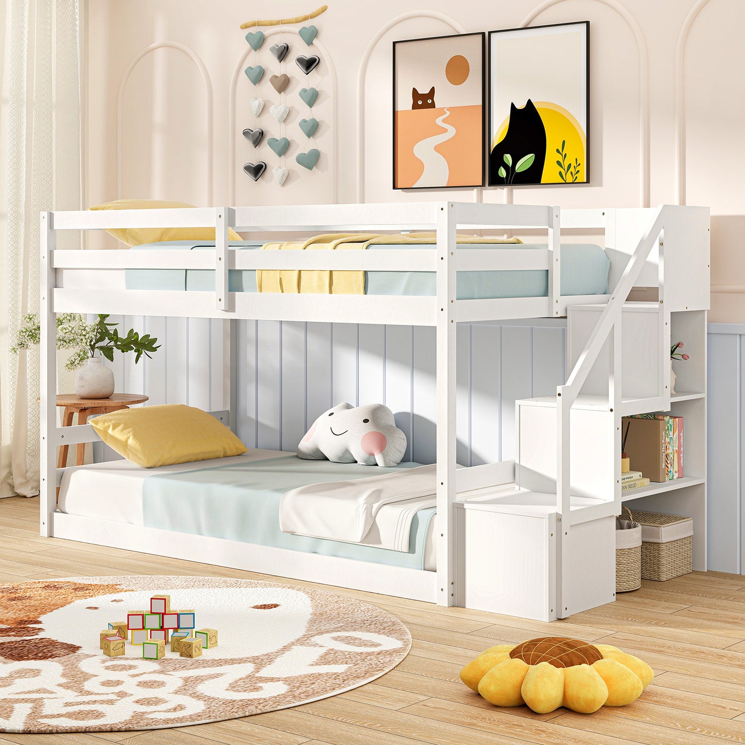 Twin Over Twin Low Bunk Bed with Storage Stairs Solid Wood Floor Bunk Bed Frame