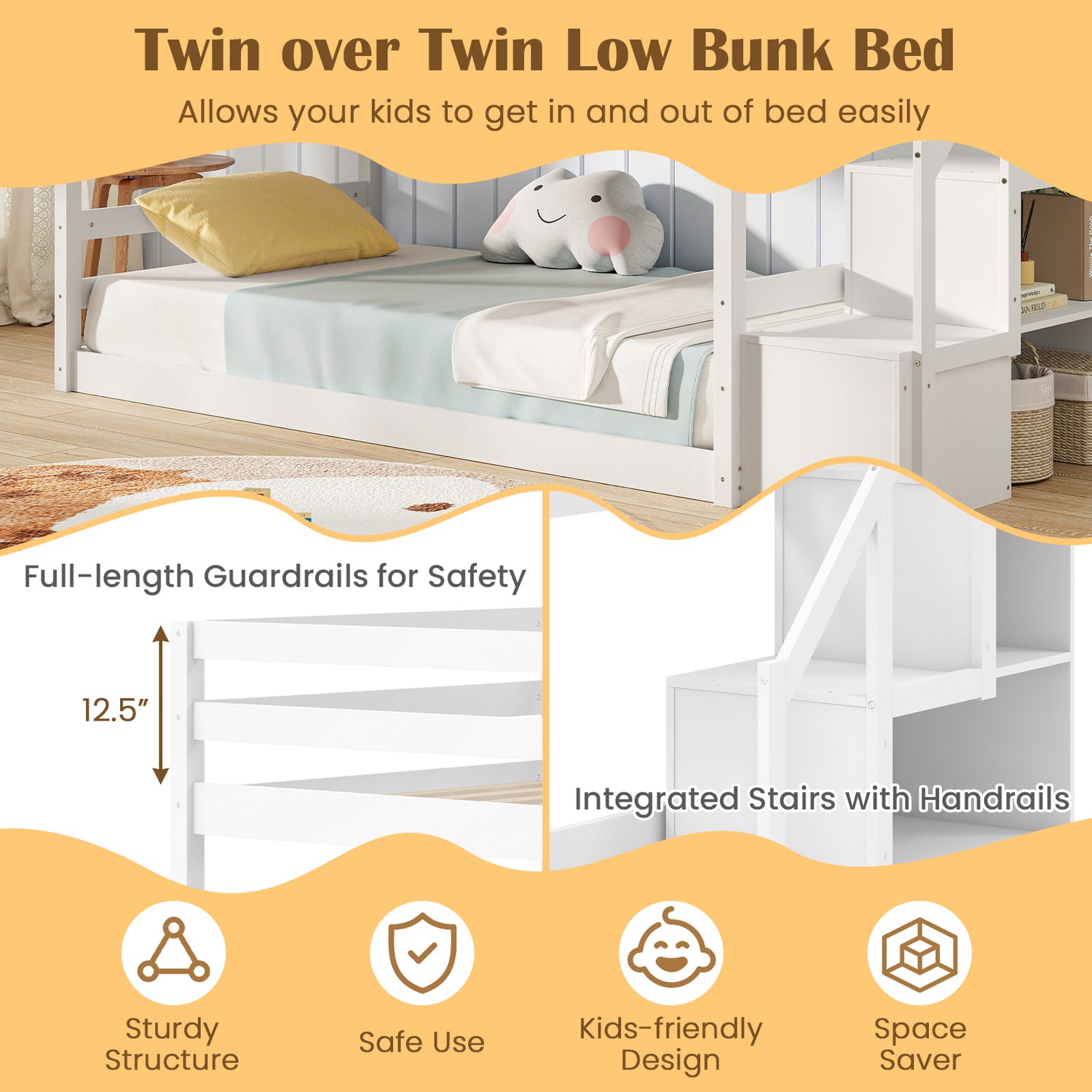 Twin Over Twin Low Bunk Bed with Storage Stairs Solid Wood Floor Bunk Bed Frame