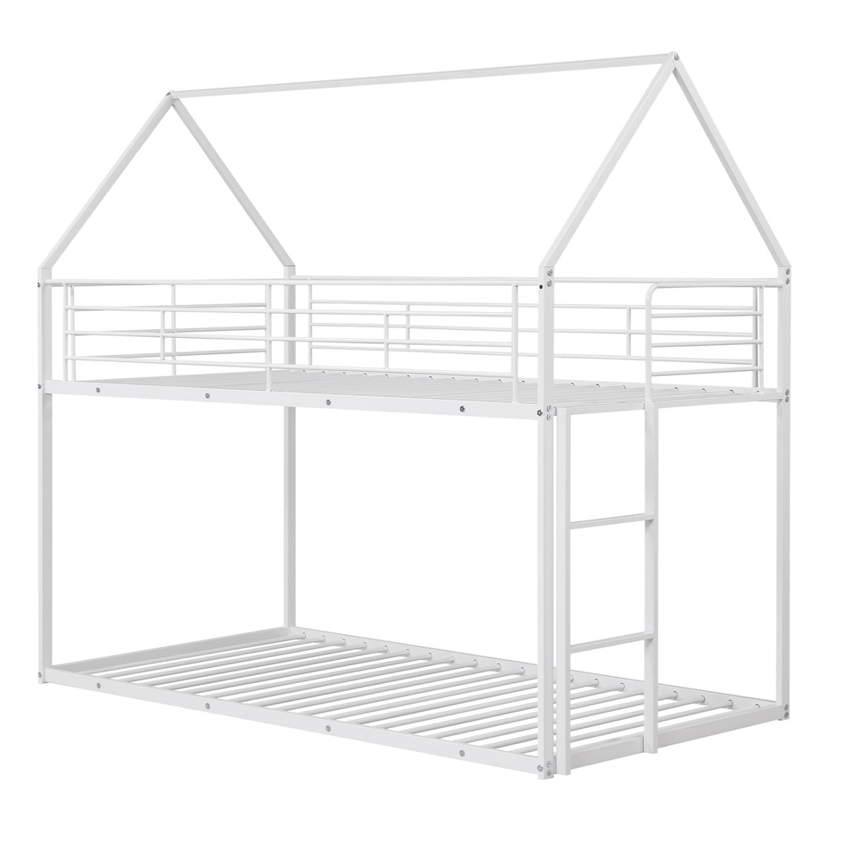 Twin Over Twin Metal Bunk Bed with Roof and Ladder