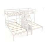 Twin Over Twin and Twin Bunk Bed with Storage Staircase and Guardrail for 3 Kids Teens