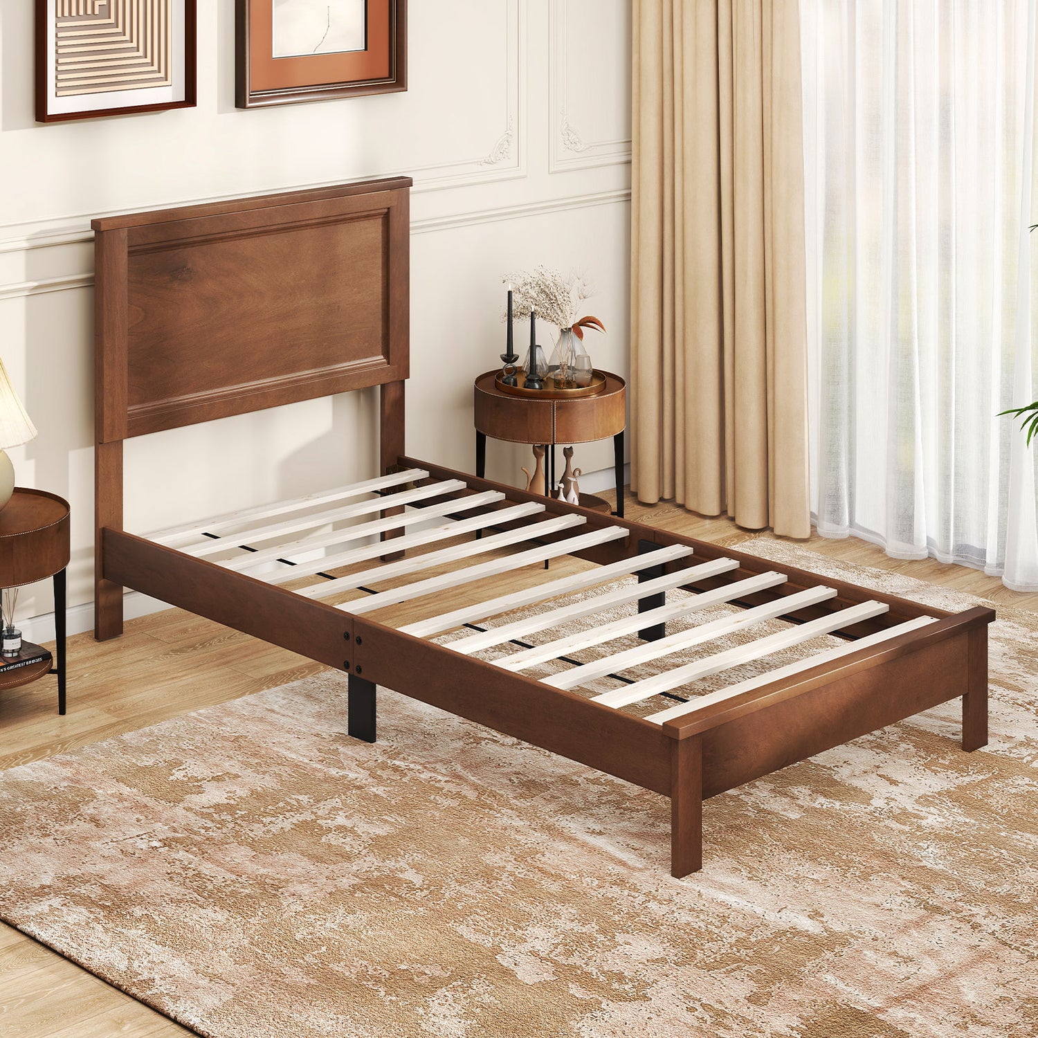 Twin Size Wooden Bed Frame with Headboard and Slat Support