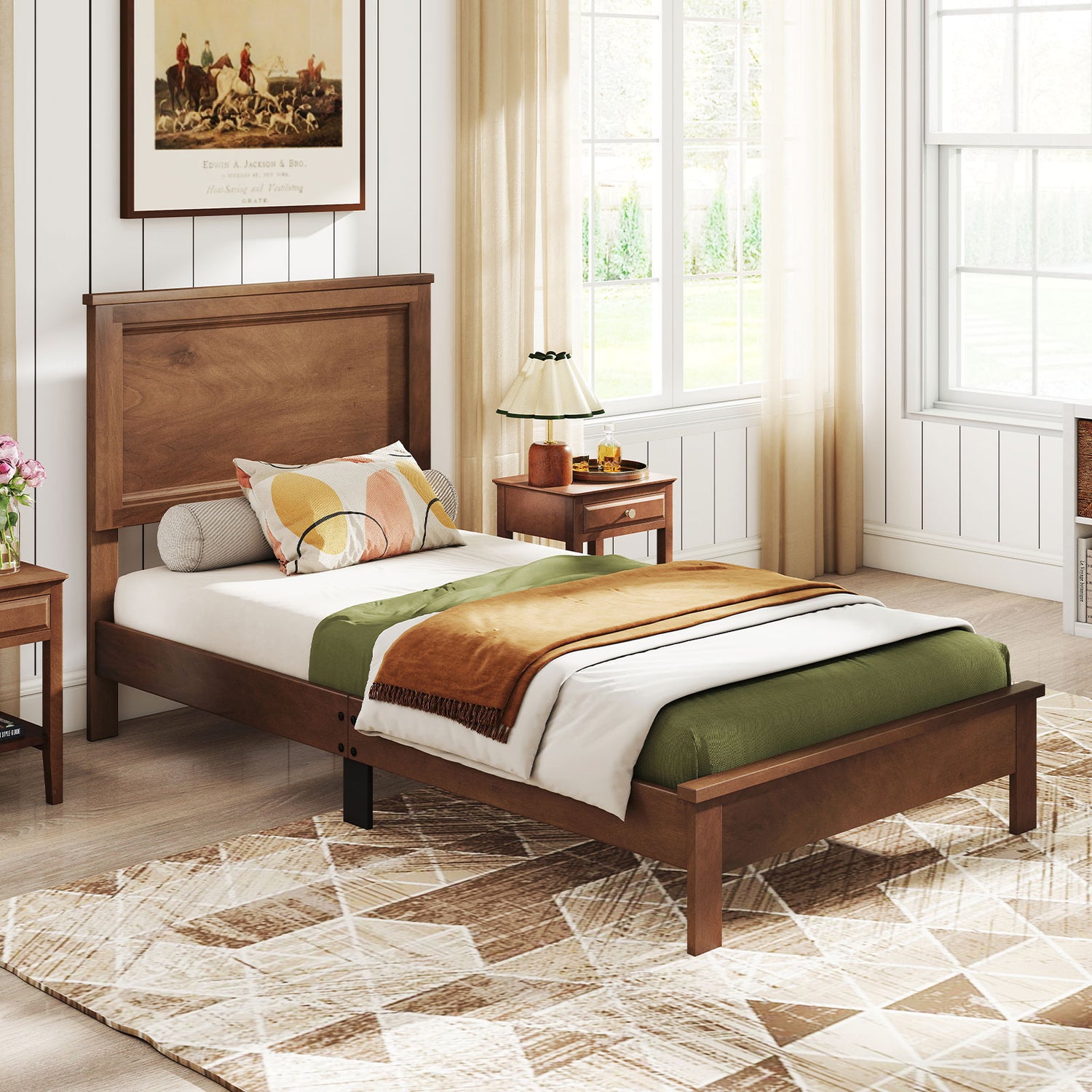 Twin Size Wooden Bed Frame with Headboard and Slat Support