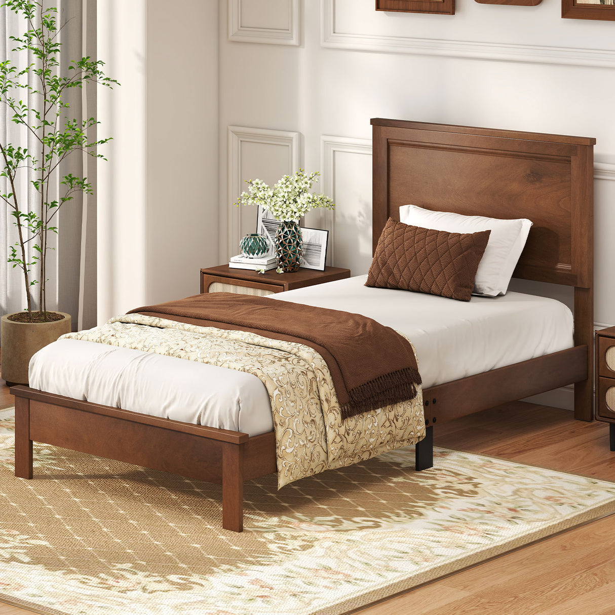 Twin Size Wooden Bed Frame with Headboard and Slat Support