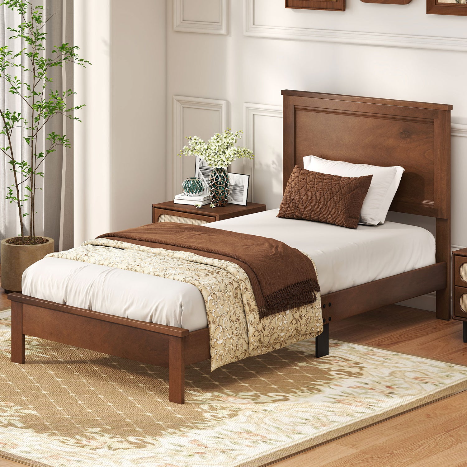 Twin Size Wooden Bed Frame with Headboard and Slat Support