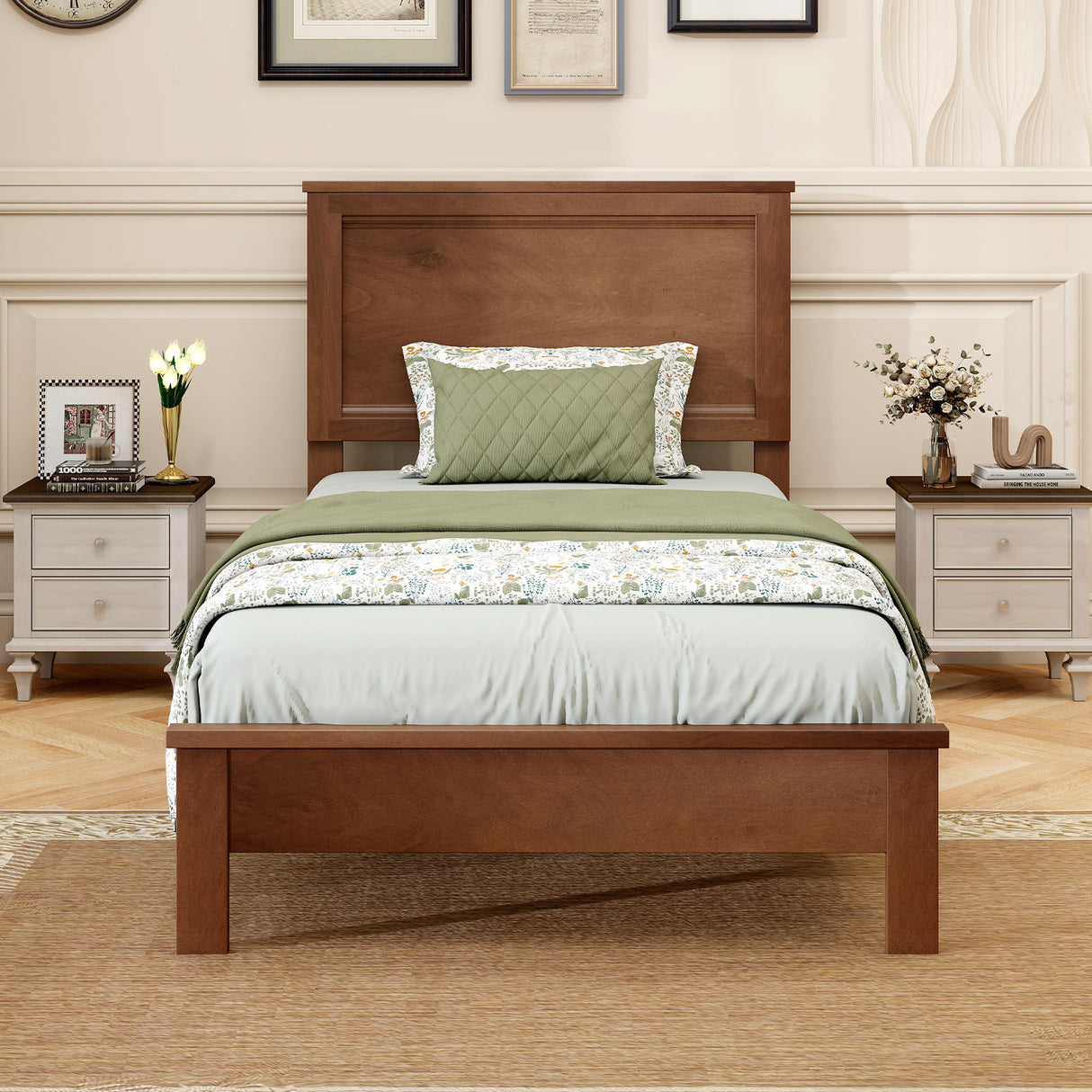 Twin Size Wooden Bed Frame with Headboard and Slat Support