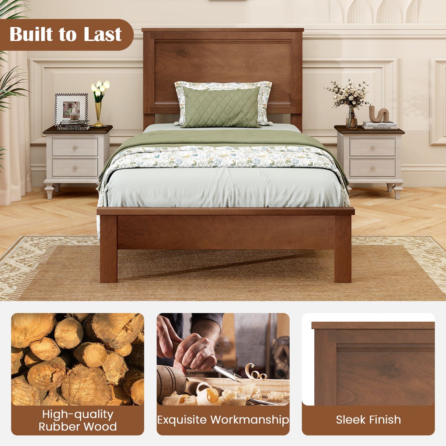 Twin Size Wooden Bed Frame with Headboard and Slat Support