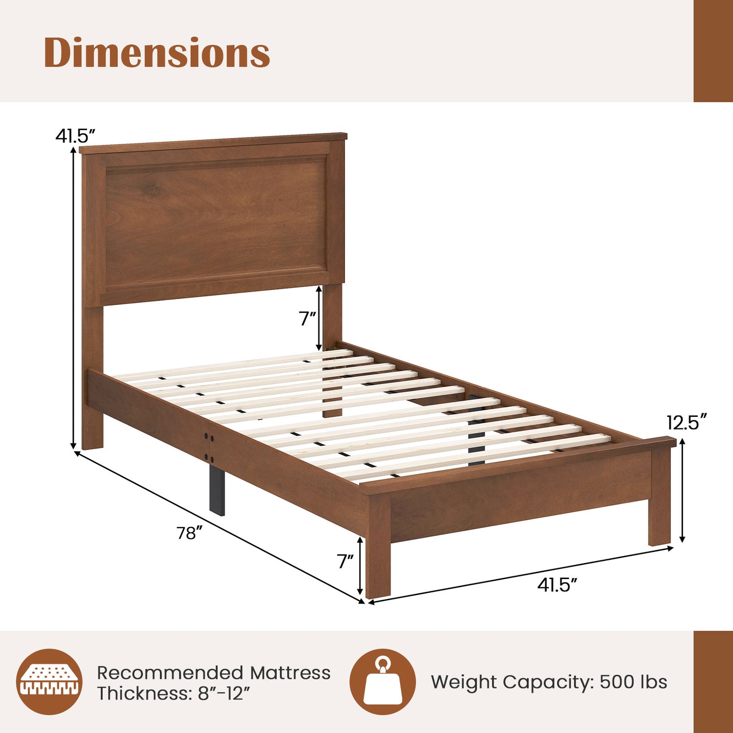 Twin Size Wooden Bed Frame with Headboard and Slat Support