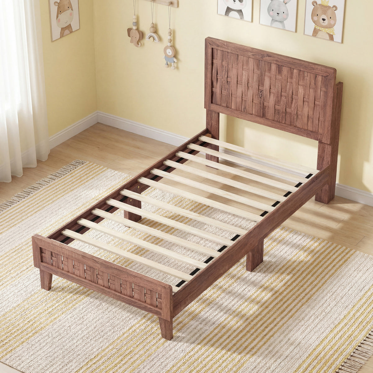 Twin/Full Size Bed Frame Mid Century with Woven Accent Headboard